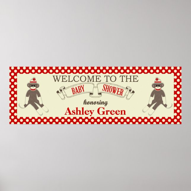 Sock Monkey Baby Shower Banner Personalize Poster (Front)