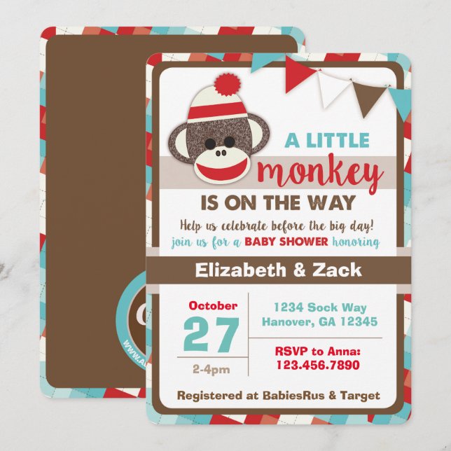 Sock Monkey Baby Shower Invitation (Front/Back)