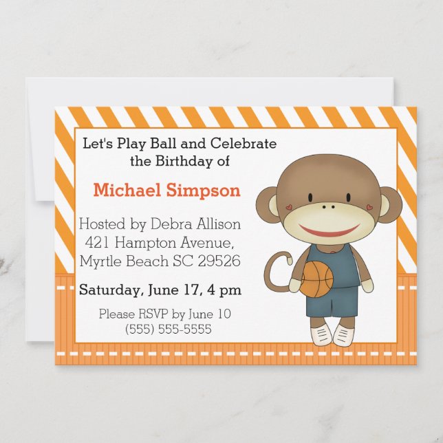 Sock Monkey Basketball Birthday Invitations (Front)