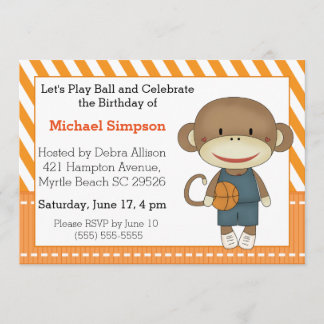 Sock Monkey Basketball Birthday Invitations