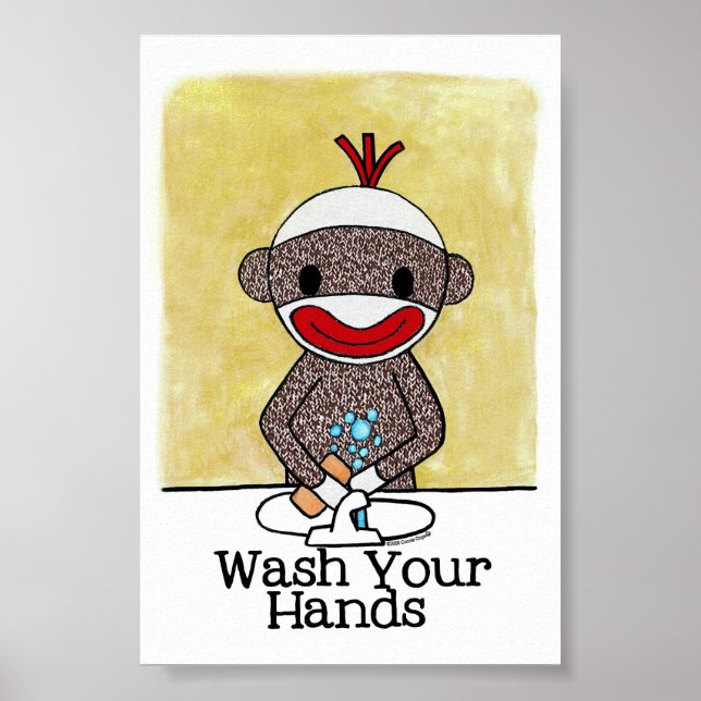 Sock Monkey Bathroom Reminder Wash Your Hands 4x6 Poster (Front)