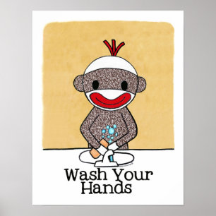 Sock Monkey Bathroom Reminder Wash Your Hands Poster