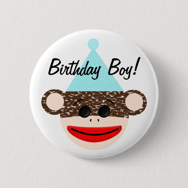 Sock Monkey Birthday Boy Button (Front)