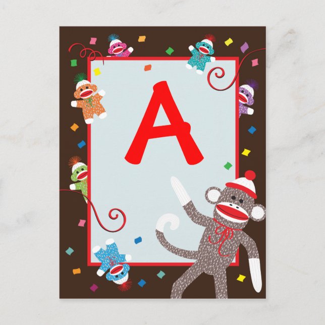 Sock Monkey Birthday Party Banner  "A' Postcard (Front)