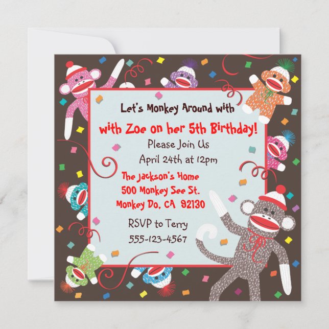 Sock Monkey Birthday Party Invitation Card (Front)