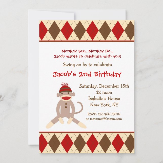 Sock Monkey Birthday Party Invitations (Front)