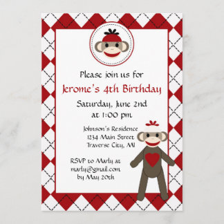 Sock Monkey Birthday Party Invitations