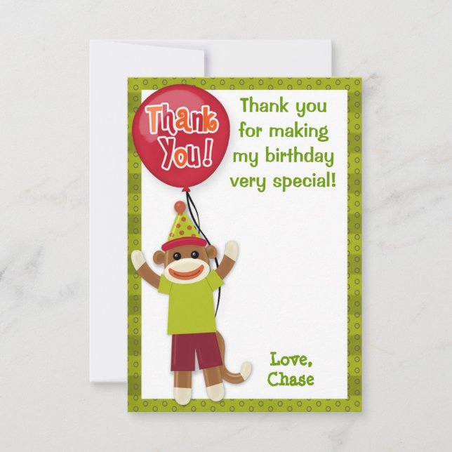 Sock Monkey Birthday Party Thank You card 3.5"x5 (Front)