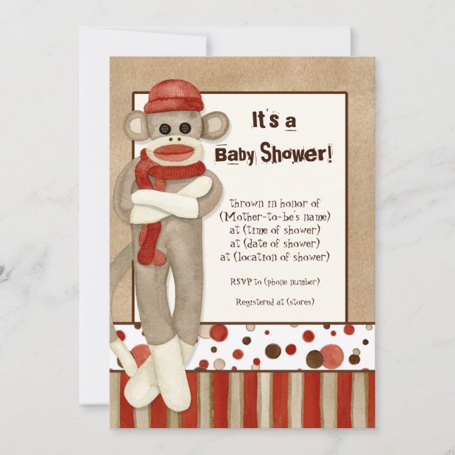 Sock Monkey, Boy Baby shower Invitation (Devant)