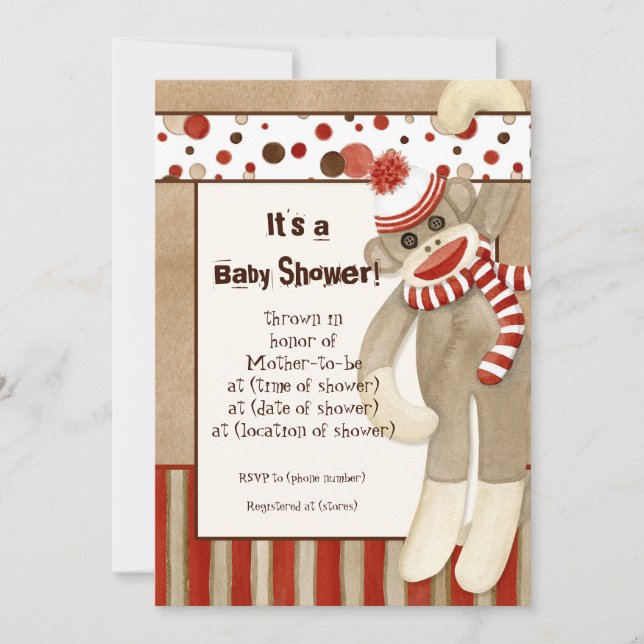 Sock Monkey, Boy Baby shower Invitation (Devant)