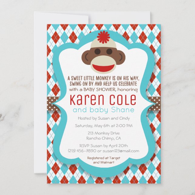 Sock Monkey Boy Baby Shower Invitation (Front)