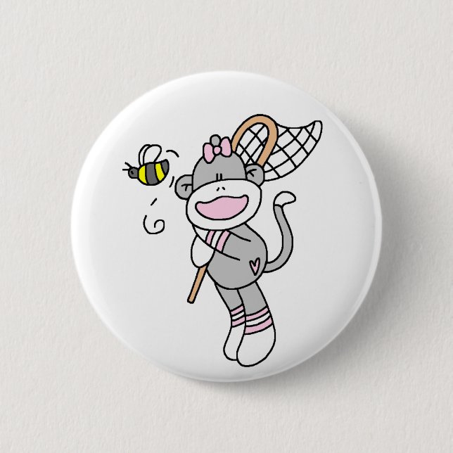 Sock Monkey Catching Bugs 2 Inch Round Button (Front)