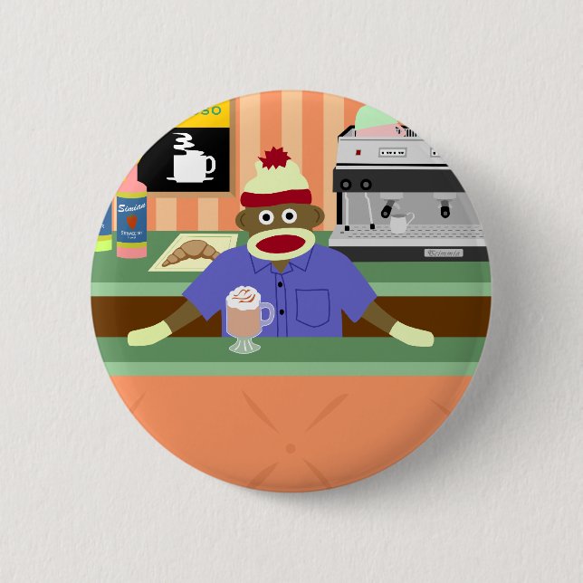 Sock Monkey Coffee Shop Barista 2 Inch Round Button (Front)
