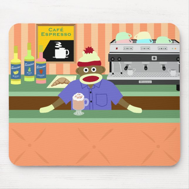 Sock Monkey Coffee Shop Barista Mouse Pad (Front)