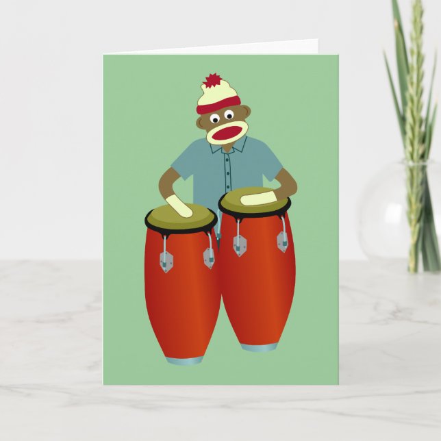 Sock Monkey Conga Drums Card (Front)