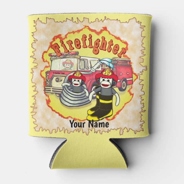 Sock Monkey Firetruck Firefighter  Can Cooler (Front)
