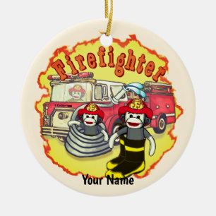 Sock Monkey  Firetruck Firefighter  Ceramic Ornament