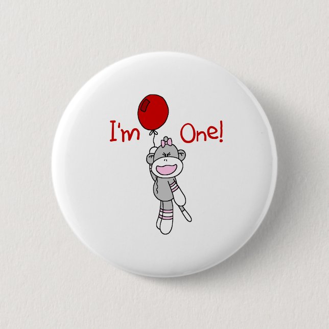 Sock Monkey First Birthday 2 Inch Round Button (Front)