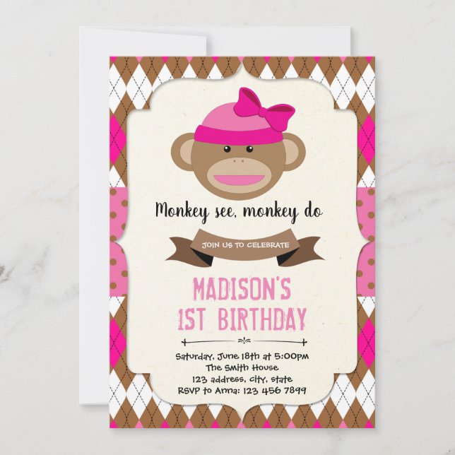 Sock monkey girl birthday invitation (Front)