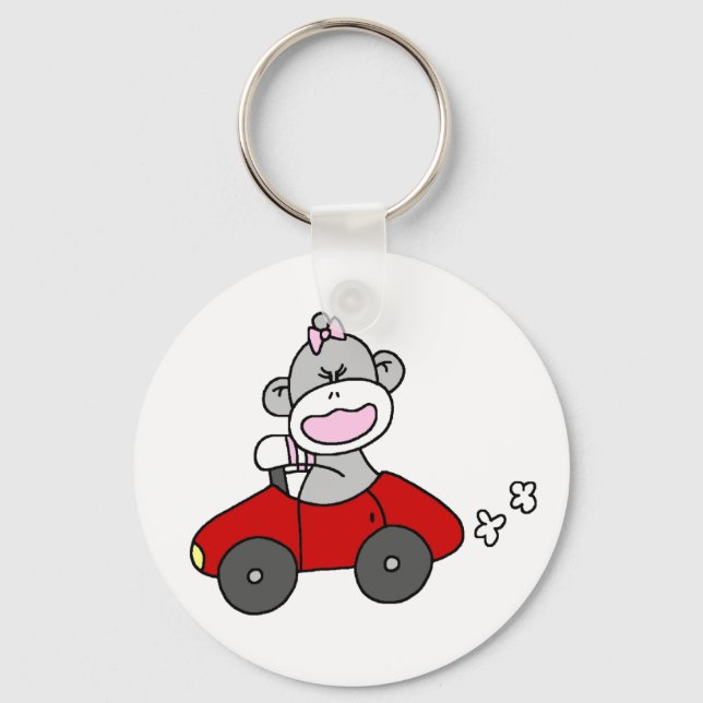Sock Monkey Girl in Red Car Keychain (Front)
