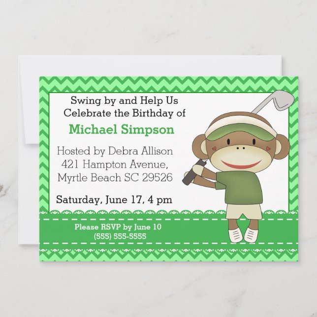 Sock Monkey Golf Invitations d'anniversaire (Devant)