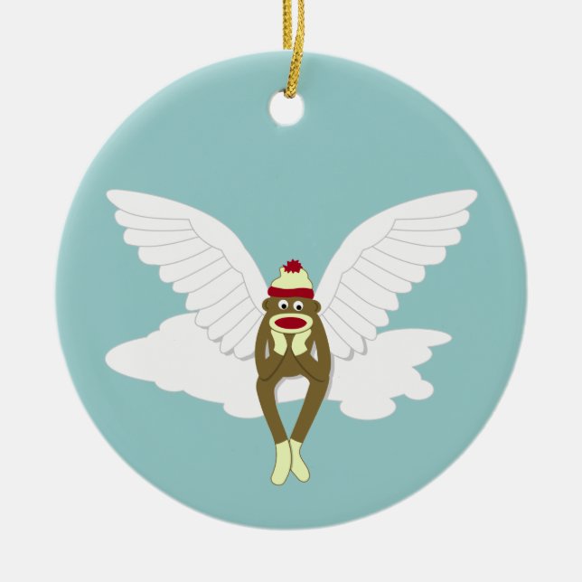 Sock Monkey Guardian Angel Ceramic Ornament (Front)