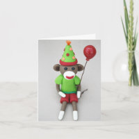 Sock Monkey Happy Birthday with Red Balloon