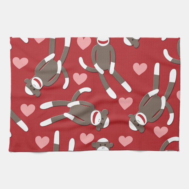 Sock Monkey Hearts Kitchen Towel (Horizontal)