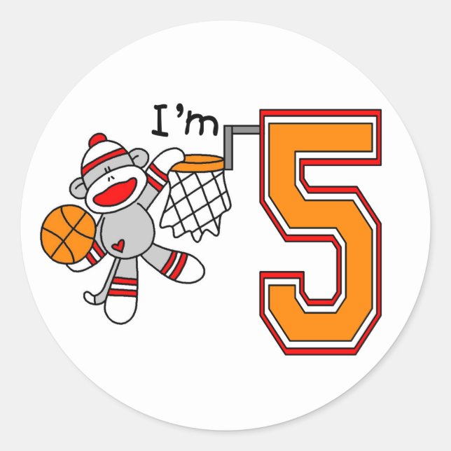 Sock Monkey Hoops 5th Birthday Classic Round Sticker (Front)