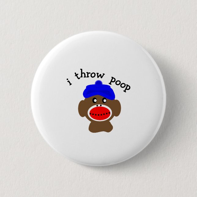 Sock Monkey "I THROW POOP" 2 Inch Round Button (Front)