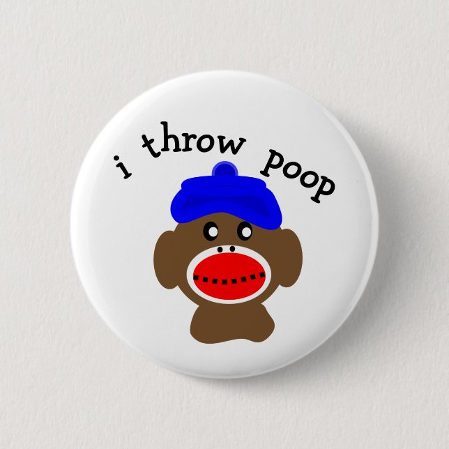 Sock Monkey "I THROW POOP" 2 Inch Round Button (Front)