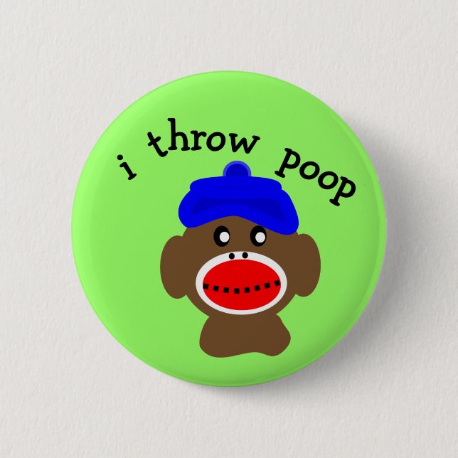 Sock Monkey "I THROW POOP" 2 Inch Round Button (Front)