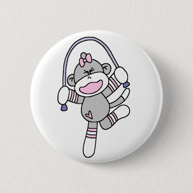 Sock Monkey Jumping Rope 2 Inch Round Button (Front)