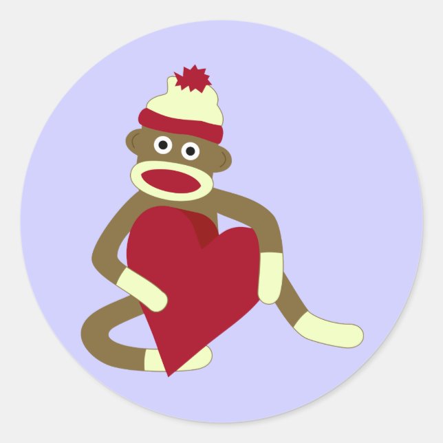 Sock Monkey Love Heart Classic Round Sticker (Front)