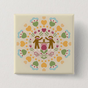 Sock Monkey Lovers in a Folk Garden 2 Inch Square Button
