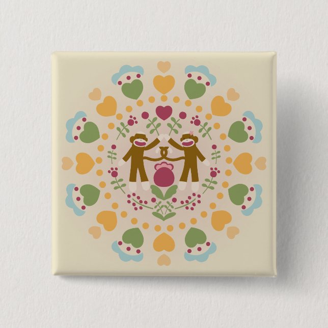 Sock Monkey Lovers in a Folk Garden 2 Inch Square Button (Front)