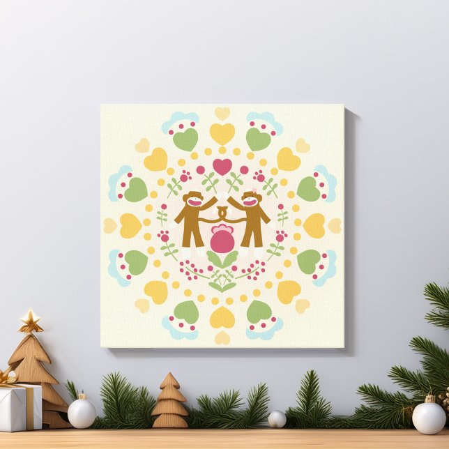 Sock Monkey Lovers in a Folk Garden Canvas Print (Creator Uploaded)