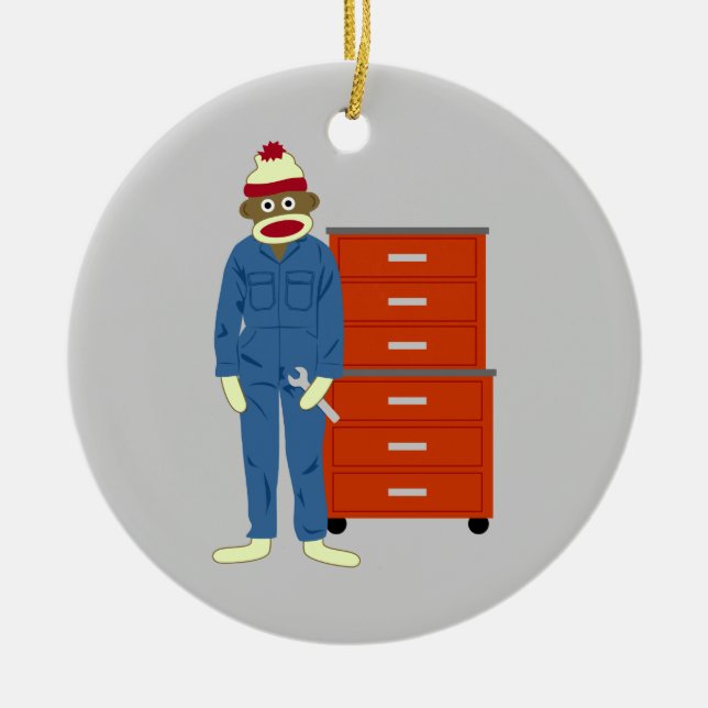 Sock Monkey Mechanic Ornament (Front)