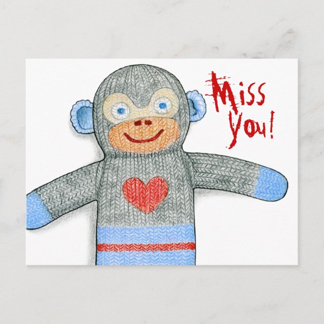 Sock Monkey "Miss You" Postcard (Front)