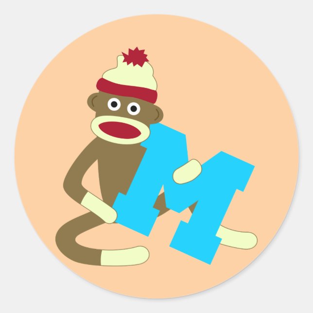 Sock Monkey Monogram Boy M Classic Round Sticker (Front)