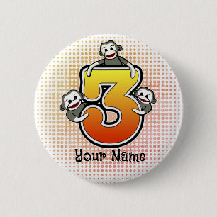 Sock Monkey  Number 3  2 Inch Round Button