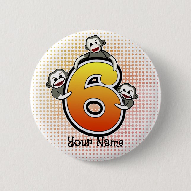 Sock Monkey  Number 6  2 Inch Round Button (Front)