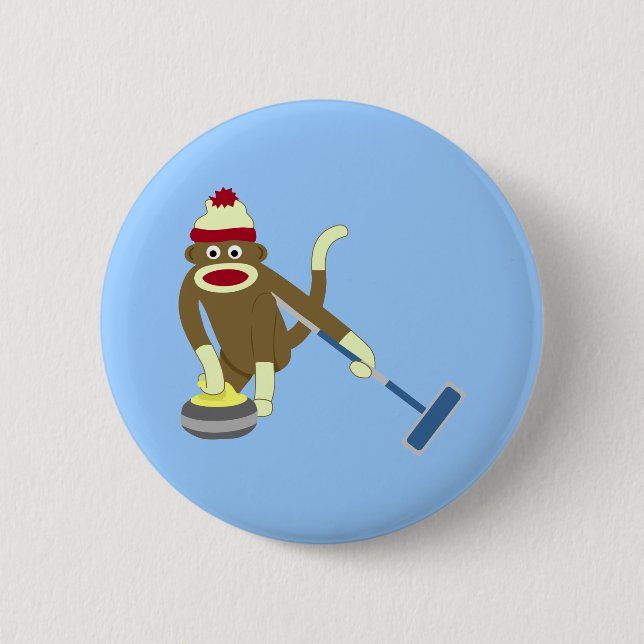 Sock Monkey Olympic Curling 2 Inch Round Button (Front)