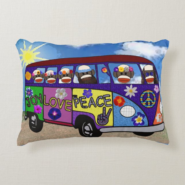 Sock Monkey Peace Bus Accent Pillow (Front)