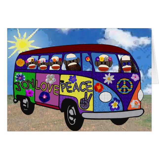 Sock Monkey Peace Bus Greeting Card (Front Horizontal)