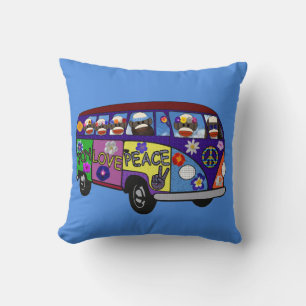 Sock Monkey Peace Bus Throw Pillow