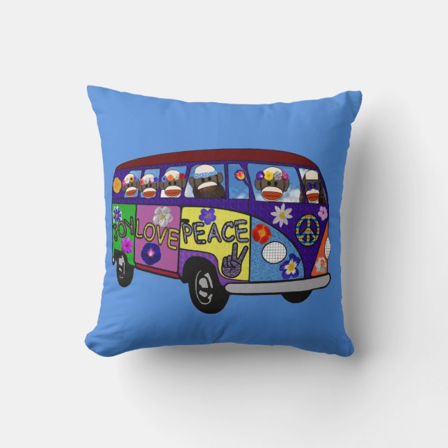 Sock Monkey Peace Bus  Throw Pillow (Front)