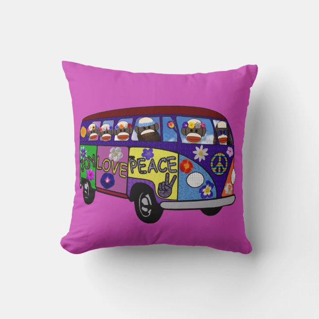 Sock Monkey Peace Bus  Throw Pillow (Front)