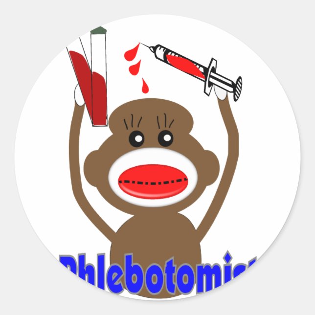 Sock Monkey Phlebotomist Gifts--Adorable Classic Round Sticker (Front)