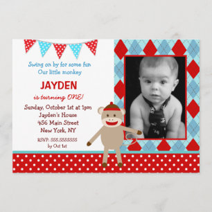 Sock Monkey Photo Birthday Invitations